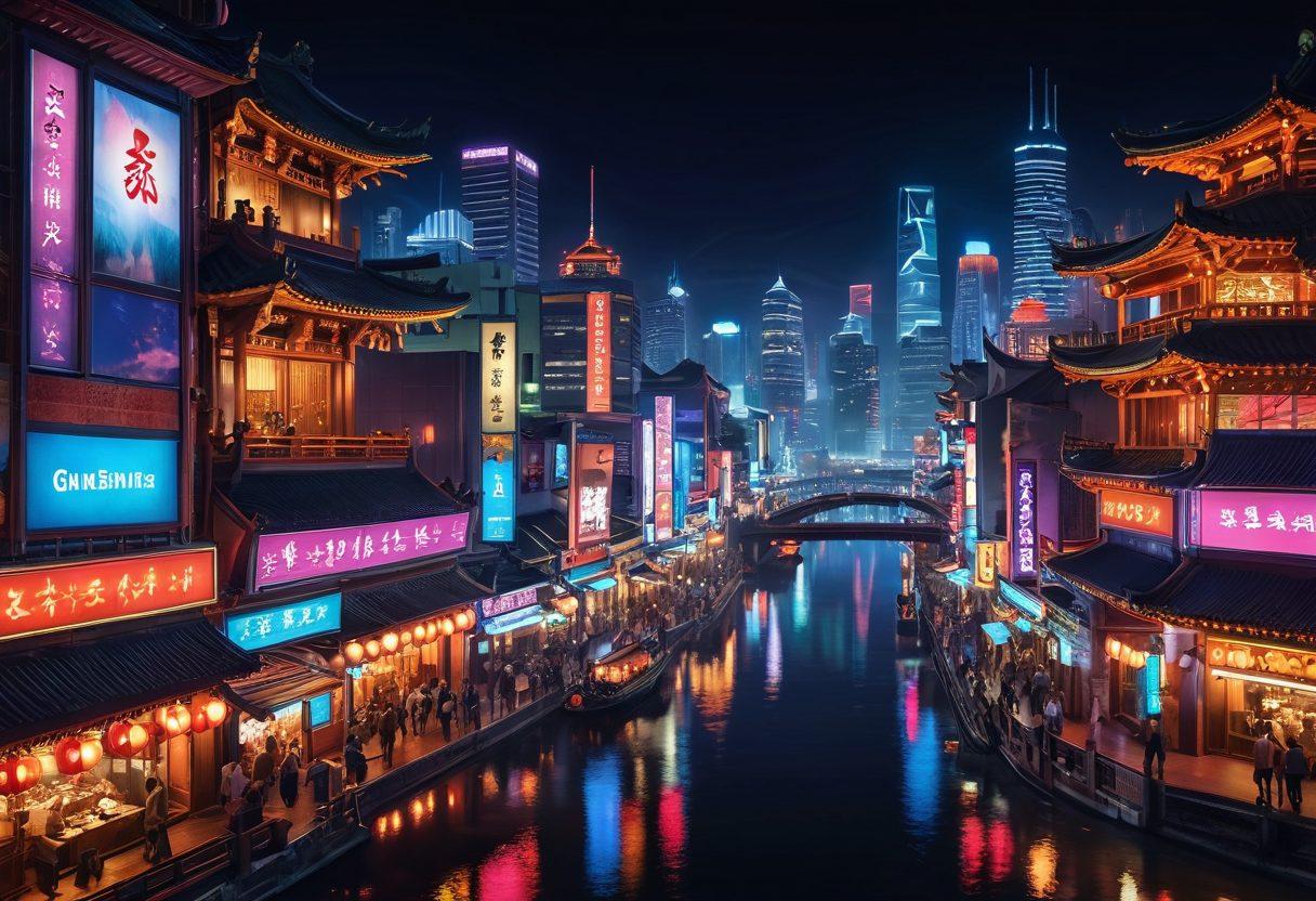 A captivating scene depicting an illuminated Asian city skyline at night, with vibrant neon lights reflecting off a bustling street filled with diverse people engaging in games. Incorporate symbols of gaming culture, such as dice, cards, and traditional Asian architecture blended with modern elements. Add a soft, warm glow that evokes feelings of excitement and camaraderie. super-realistic. vibrant colors. night scene.