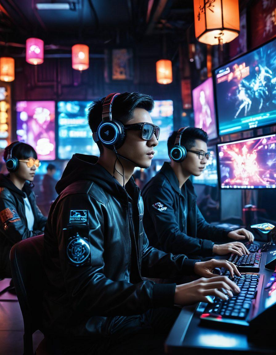 A dynamic scene featuring a diverse group of passionate online gamers immersed in a vibrant gaming environment, surrounded by Asian cultural elements like lanterns and neon signs. Highlight a mix of high-tech gadgets, such as gaming keyboards and VR headsets, while showcasing an illuminated screen displaying exciting betting stats. Incorporate action-packed gaming visuals in the background, emphasizing the thrill of online betting in Asia. vibrant colors. cyberpunk.
