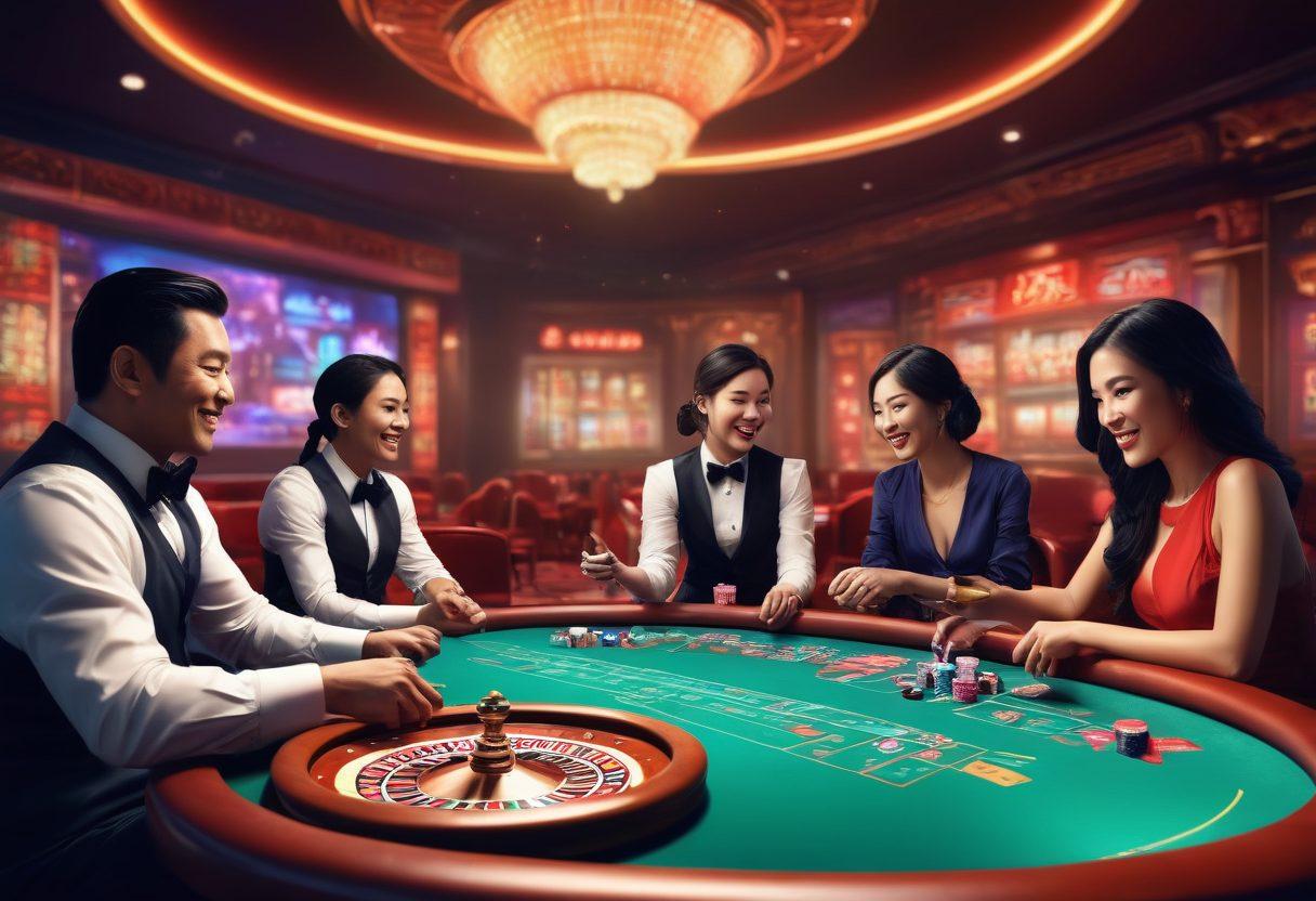 A vibrant casino scene filled with enthusiastic players engaged in various games like poker and roulette, showcasing diverse individuals from different Asian cultures celebrating their wins and cheering together. Bright neon lights illuminate the room, creating an inviting and energetic atmosphere that reflects the joy of betting. Include elements of traditional Asian decor blended with modern gaming technology. Painting style. vibrant colors. 3D perspective.